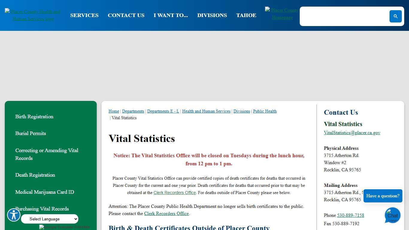 Vital Statistics Placer County, CA