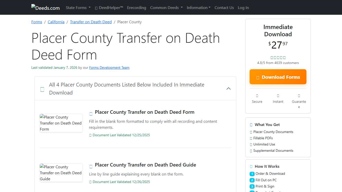 Placer County Transfer on Death Deed Form California Deeds.com