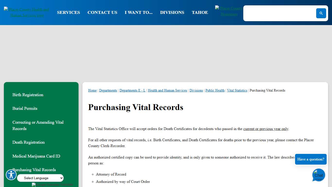 Purchasing Vital Records Placer County, CA