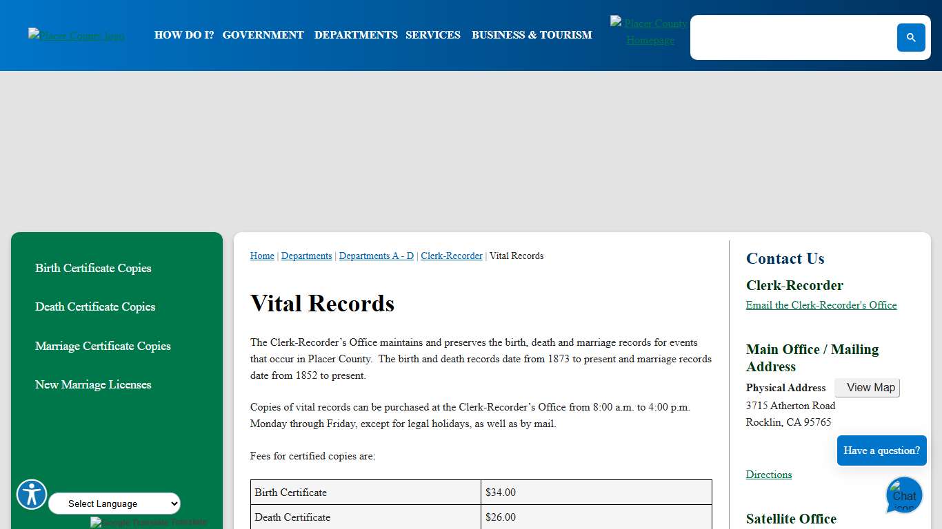 Vital Records Placer County, CA